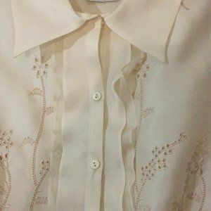 Kay Unger Cream Embroidered Ruffle Front Blouse